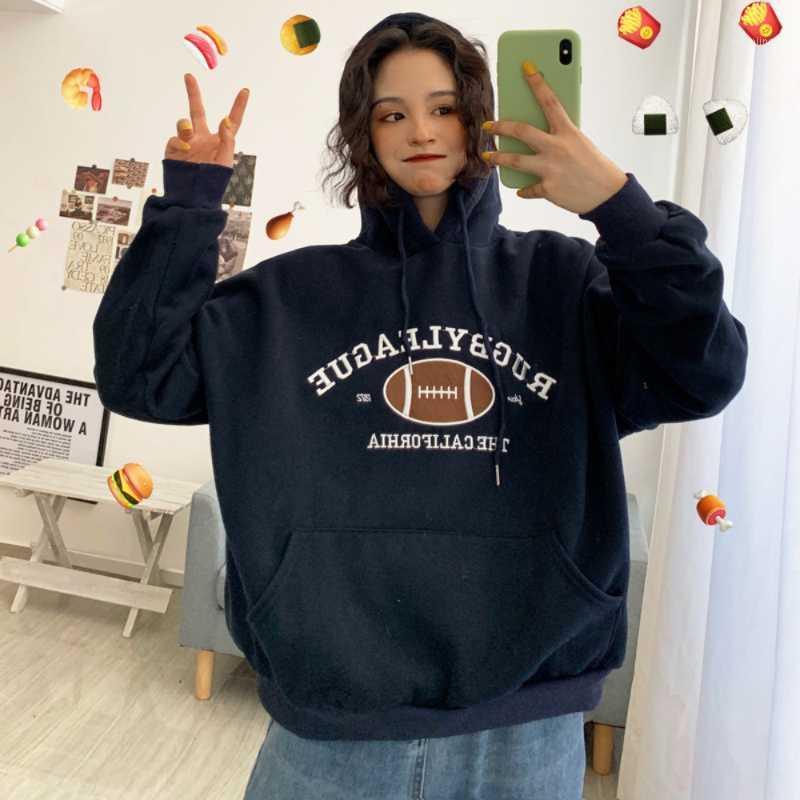 

Missme Letter Embrodiery Hoodies Women Inner Fleece Hooded Oversized Sweatshirt Loose Streetwear Winter Women's & Sweatshirts, Gray