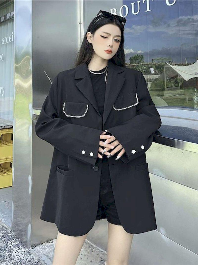 

Women' Jackets Suit Blazer Office Lady Loose Black Jacket Women Oversized Vintage Chic Pearl Style Fashion Coat Female Elegant Outerwear