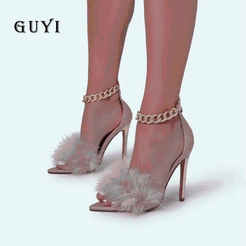 

Dress Shoes Summer 2022 Fashion Pointed Closed Toe Heels Sexy Womans High Sandals Luxury Women Designers Feather FemaleDress, White