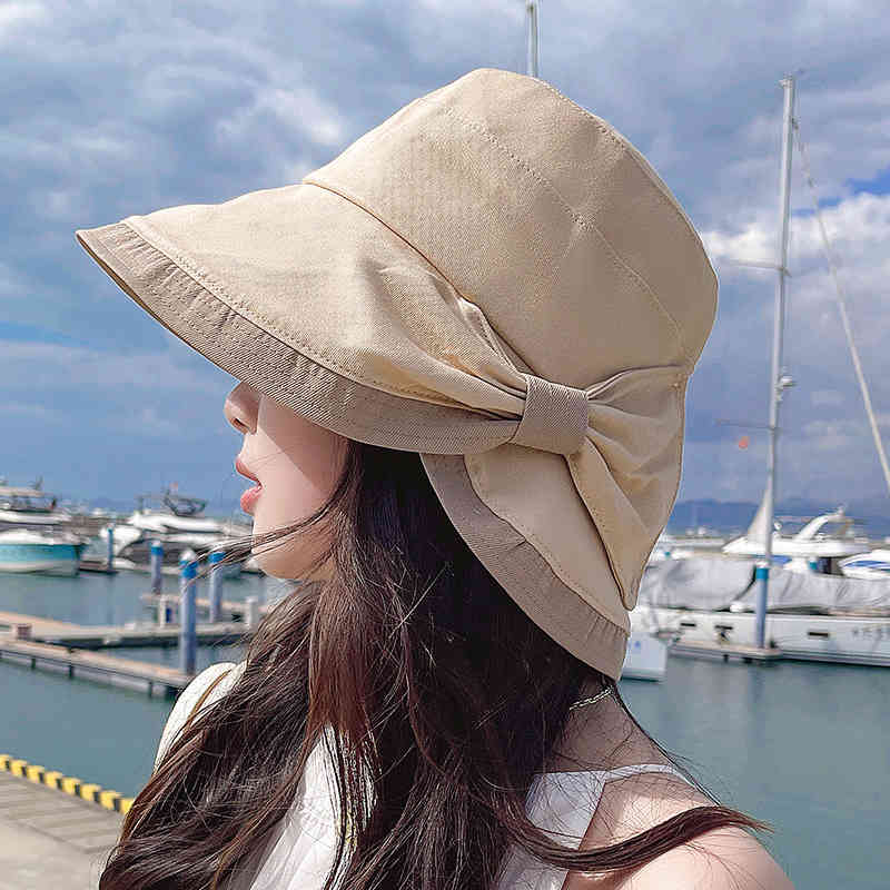 

Summer Women bow tie fashion wide Large brim Sun Hat outdoor beach fisherman cap UV proof sun protection bucket hat, Beige