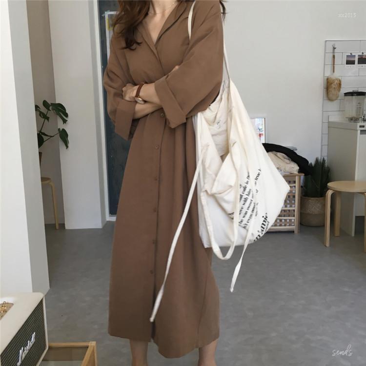 

Casual Dresses Korean Long Sleeve Artistic Single Breasted Khaki Women Derss Shirt Turn-down Collar Woman Windbreaker