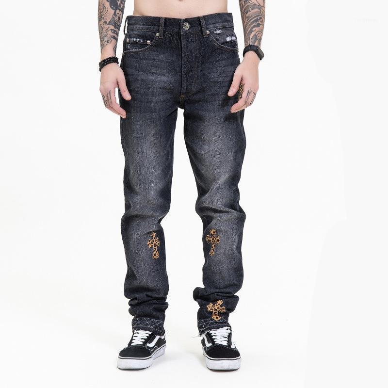 

Spring And Autumn High Street Fashion Brand Leopard Cross Embroidered Silver Buckle Black Casual Straight Denim Trousers Men's Jeans