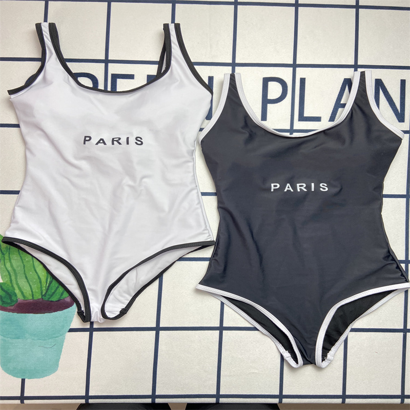 Lady Swimsuit Solid Bikini Set One-piece Swimwear Letters Wth Pads Ladies Bathing Suit Summer Trave Swimming Black White Color