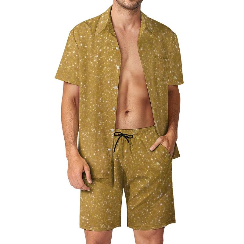 

Men's Tracksuits Faux Gold Metallic Men Sets Glitter Metal Print Sparkly Casual Shorts Trendy Vacation Shirt Set Short Sleeve Oversized Suit, Style-15