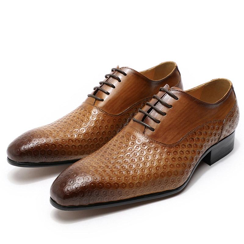 

Men Business Oxford Shoes Solid Color Genuine Leather Fashion Embossed Classic British Style Lace-up Pointed Handmade Shoes KB286, Clear