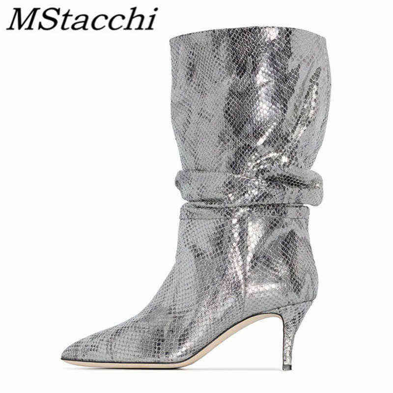 

Mstacchi Women's Boots Snakeskin Print Pleated Mid Heel Party Shoes Pointed Toe Slip On Sexy Stiletto Women Motorcycle 220729, Beige