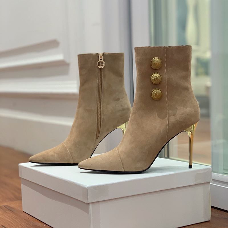 

Luxury designer Ankle boots Fashion Metal round buttons Fish mouth stiletto shoe Top quality Cashmere leather Thin heel shoes 10.5CM High heeled Womens boot 35-42, Black