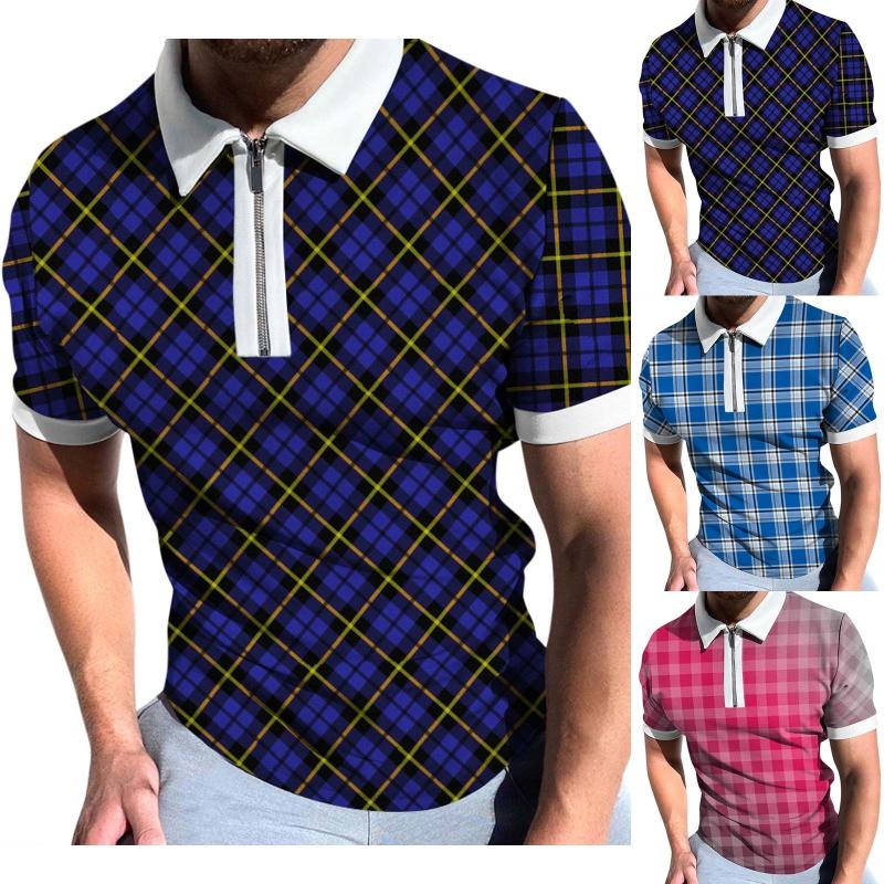 

Men's Polos Shirts Bulk Mens Spring Summer Short Sleeve Zipper Lapel Plaid Print Casual T-Shirt Top 2xlt For MenMen's, Blue