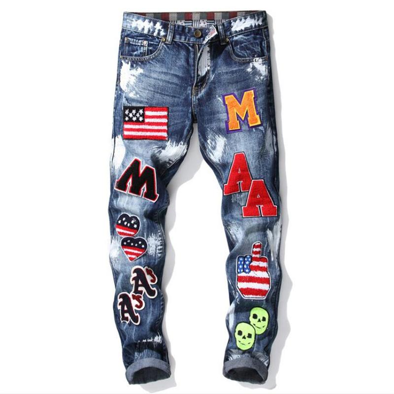 

Men's Jeans Men's Hip Hop Embroidery National Flag Badge Paint Slim Elastic Trend PantsMen's, Blue