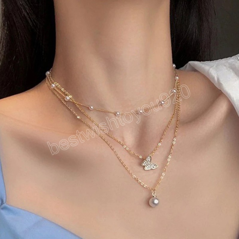 

Shiny Butterfly Necklaces Ladies Exquisite Double Layer Clavicle Chain Necklace Jewelry for Ladies Gift