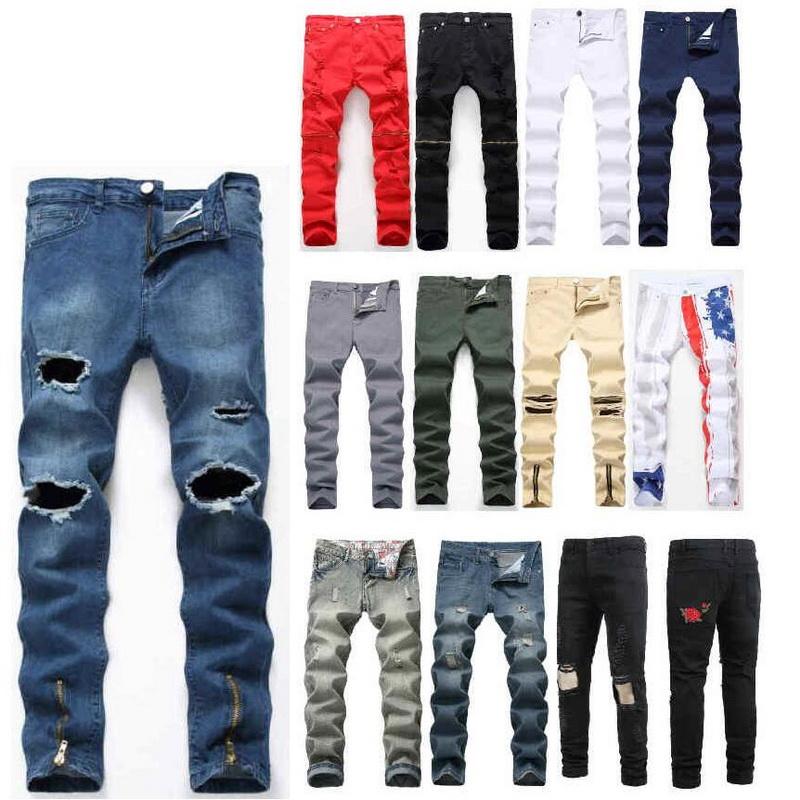 

Men's Jeans Men Slim Stretch Black Embroidered Big Hole Denim Pants Multi-Zip White Pattern Multiple Styles Size 28-42Men's, D03