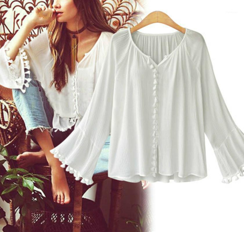 

Summer Women Tassel Embroidery Plus Size XXXL Loose Blouse Chiffon Casual Shirt Tops Women's Blouses & Shirts, White