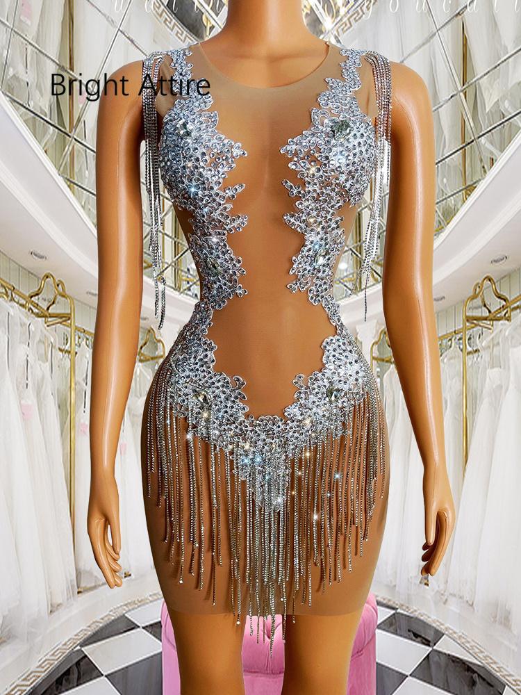 

Stage Wear Scene Costume Silver StonesTassel Dress Nude Fleshcolor Birthday Prom Celebrate Outfit Bar Evening Women Dancer Fringes DressStag, Clear