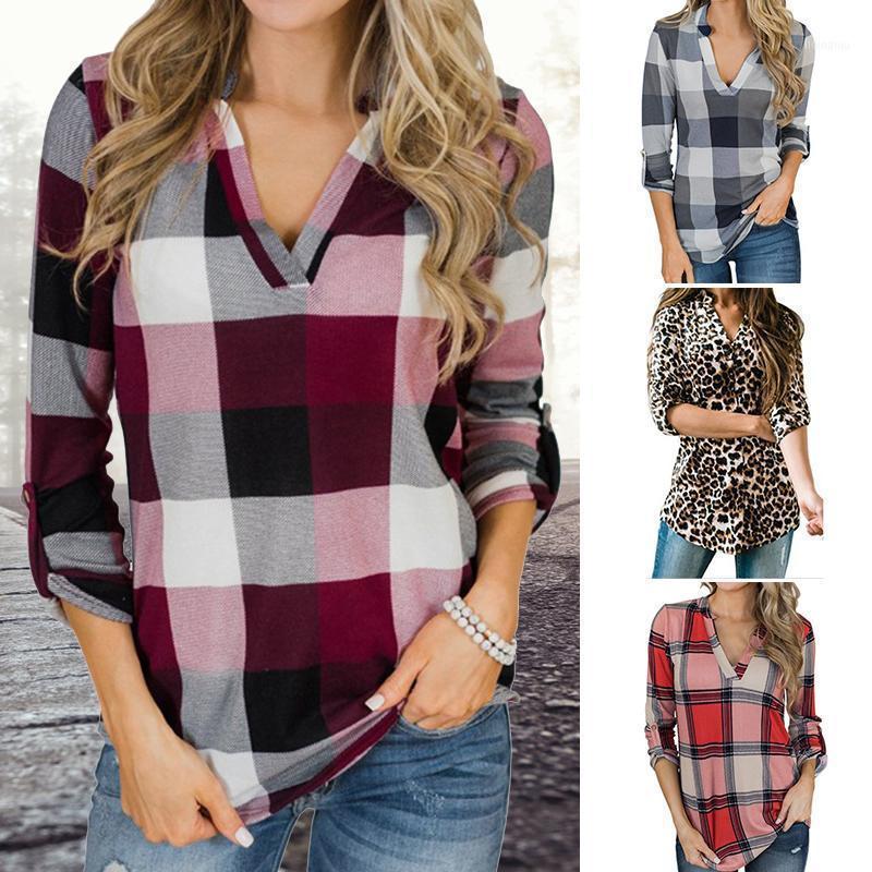 

Women' Blouses & Shirts Blusas Mujer De Moda 2022 Plaid Prints Shirt V-neck Long Sleeves T-shirt Classic Fashion Autumn Spring Supply, Red