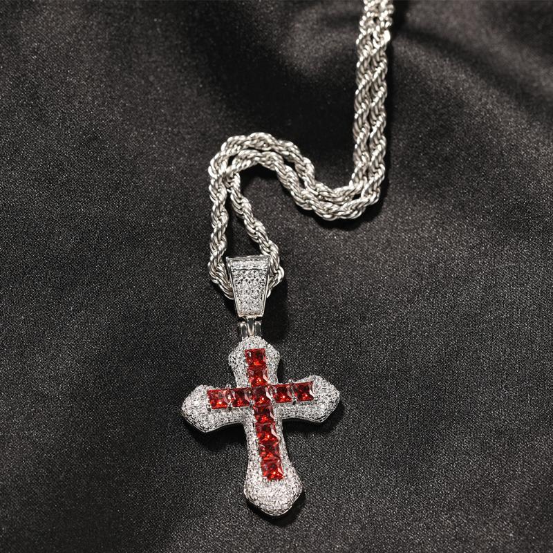 

Pendant Necklaces Cubic Zirconia Red Cross Necklace For Men Stainless Steel Pink Blue Bling Shiny Hip-hop JewelryPendant