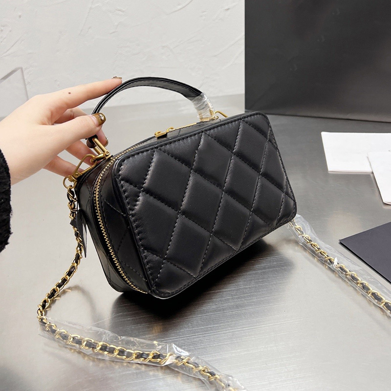 

Vintage Womens Multi Pochette Vanity Box Bags Lambskin Genuine Leather Top Handle Totes Cosmtic Case Quilted Gold Hardware Crossbody Sacoche Handbags 20x13CM