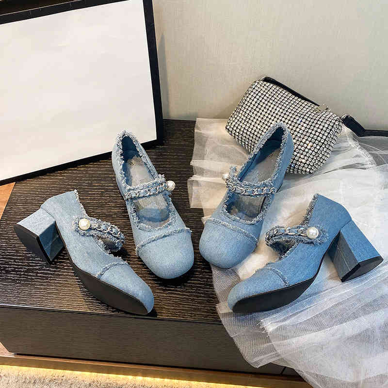 

Miu Mary shoes 2022 new denim pearl square head high women's medium heel chunky heels, Light blue (5cm)