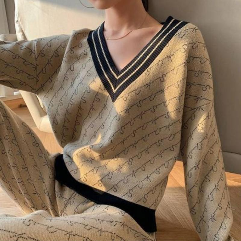 

Women's Two Piece Pants Winter Cashmere Sweater Set Women Vintage Jacquard Knitted Tracksuits Outfit Loose Oversized Pullover Warm Harem Pan, Gray