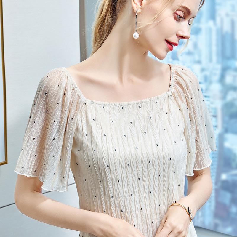 

Women Summer High Fashion Sequare Collar Pollka Dot Pleated Small Chiffon Blouse Shirt Female Causl Loose Retro Shirts Women' Blouses, Black