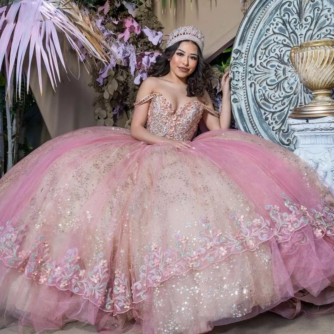 

Gorgeous 2023 Beaded Ball Gown Quinceanera Dresses Sequined Off The Shoulder Appliqued Prom Gowns Sweep Train Tulle Sweet 15 Masquerade Dress GW0506, Hunter