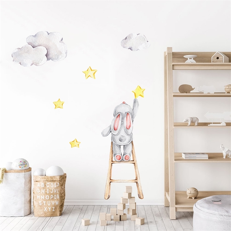 

Cute Watercolor Bunny on the Stairs Stars Clouds Removable Wall Decals Nursery Art Stickers Posters PVC Girls Bedroom Home Decor 220613