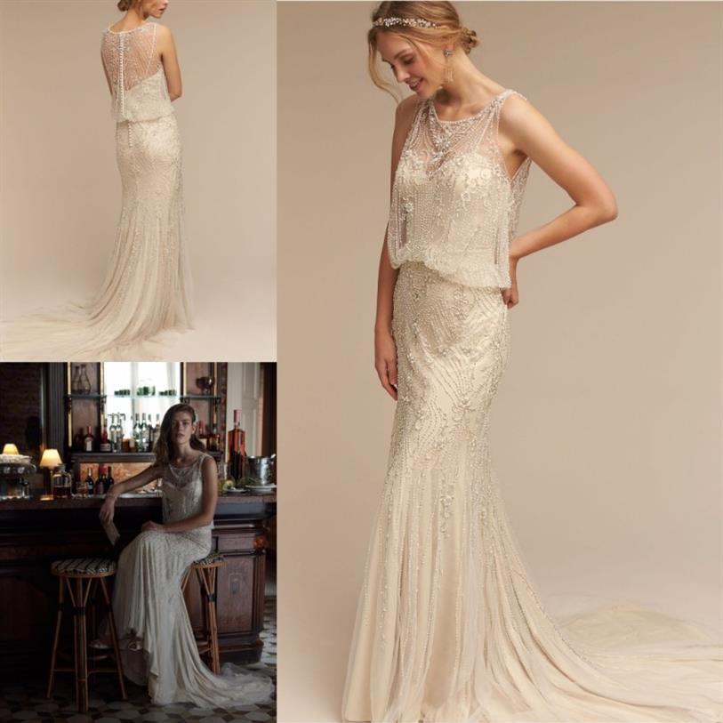

Luxury Crystal Mermaid Wedding Dresses 2019 Bhldn Pearls Beaded Trumpat Bridal Gowns Jewel Neckline Sweep Train Wedding Dress208W, Black & white
