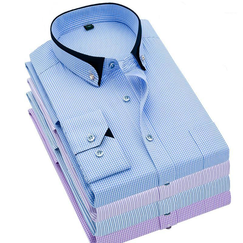 

Business Shirt Long Sleeve Plaid Casual Normal Check Stripe Men's Shirts, Blue-gz