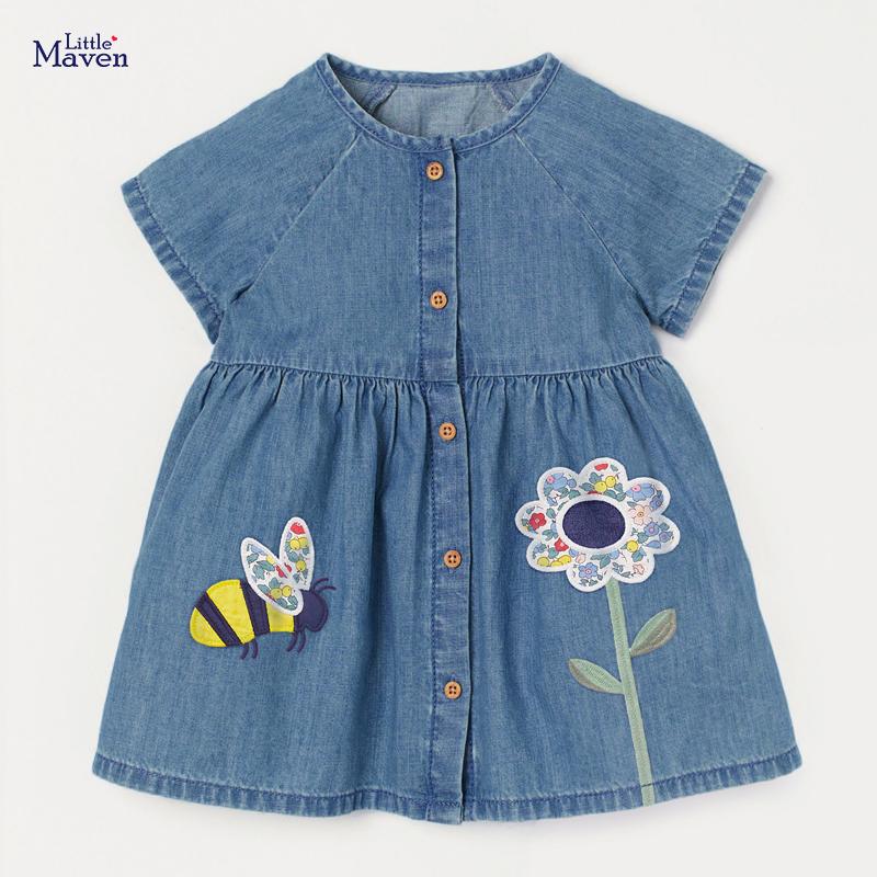 

Girl's Dresses Little Maven 2022 Summer Denim Dress With Flower And Bees Lovely Cotton Causal Clothes For Kids Toddler 2 To 7 Years, S0892 photo