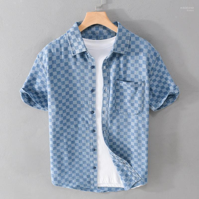 

Men's Casual Shirts Denim Shirt Summer Fashion High End Short Sleeve Checker Plaid Vintage Blouse Classical Loose Cotton Tops, 8859 light blue