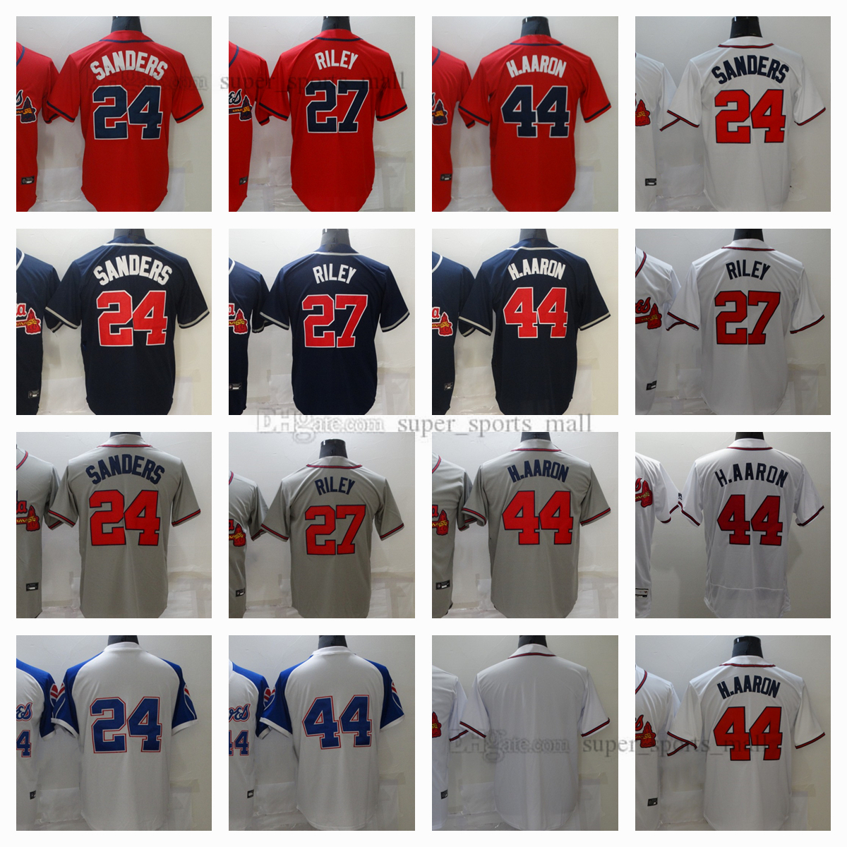 

New Baseball Jerseys 24 Deion Sanders 27 Austin Riley 44 Hank Aaron Blank Mens Size S--XXXL, As picture