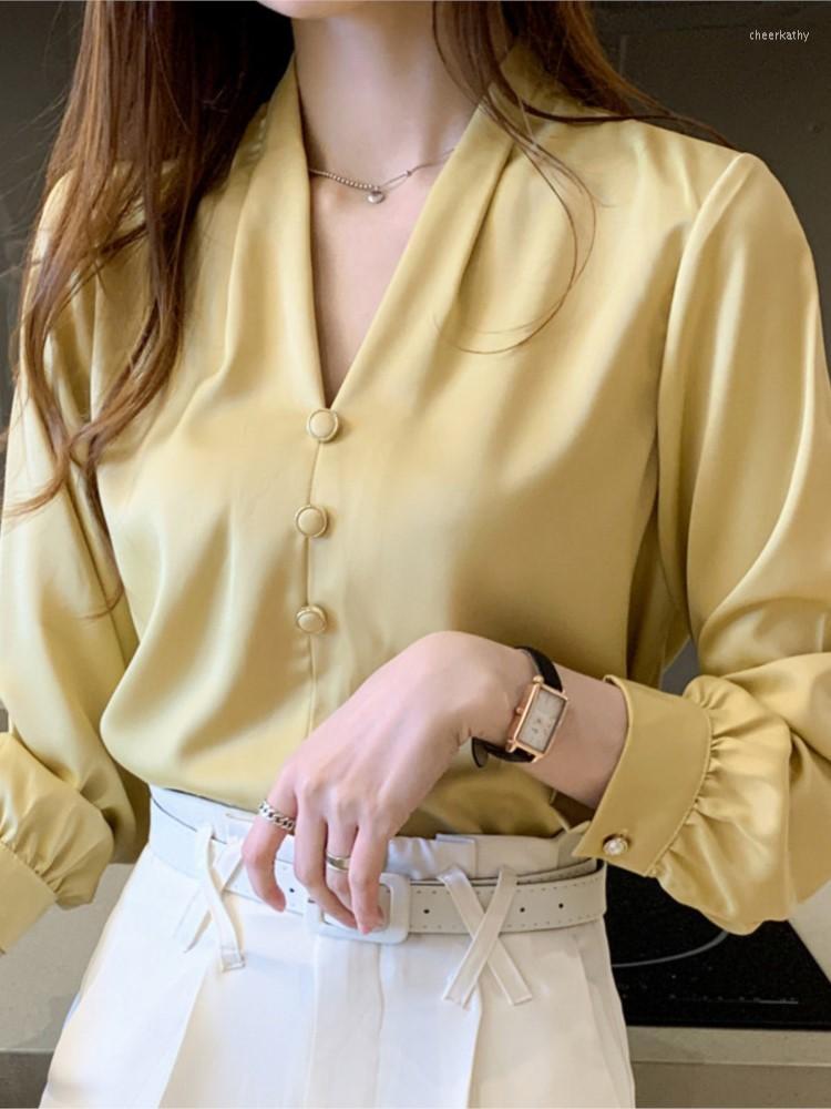 

Women' Blouses & Shirts Summer Korean Silk Women Long Sleeve Satin Casual Elegant Shirt Ladies Vintage Yellow Fashion TopsWomen' Chee22