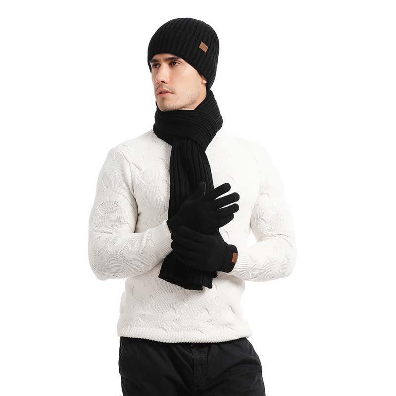 

Berets Winter Knitted Beanies Hat Scarf Glove Set Men Thickened Skullies Beanie Bonnet Pompom Cap Riding, Black