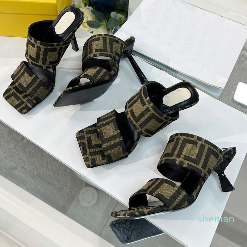 

slippers Stiletto women sandal mules heels open toes slip on slides leather outsole sandals Luxury Designer 9.5CM heel womens shoes slipper, Medusa decor(9.5)