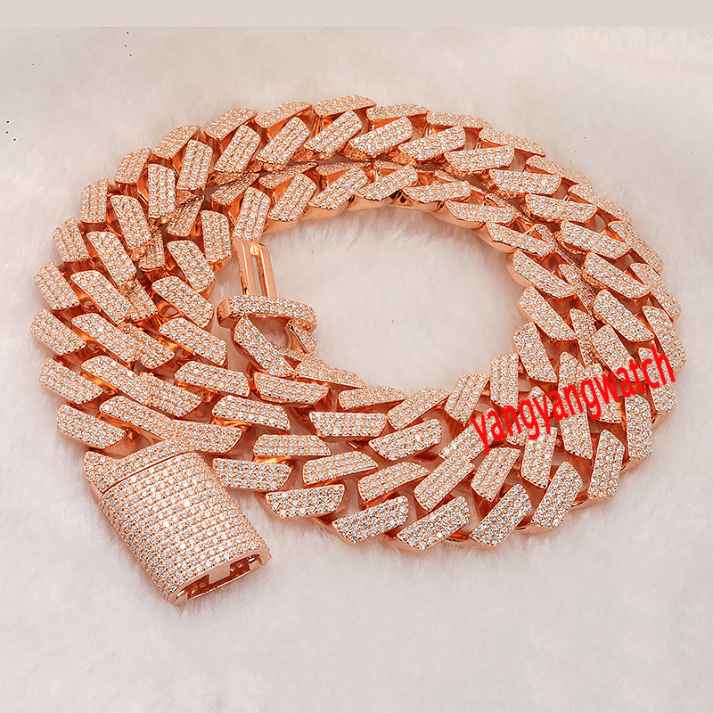 2022 new 925 Silver Plated 18K Rose Gold Moissanite Denim Chain Necklace Hip Hop Full Diamond Cuban Chain 18mm Wide-image-766034987