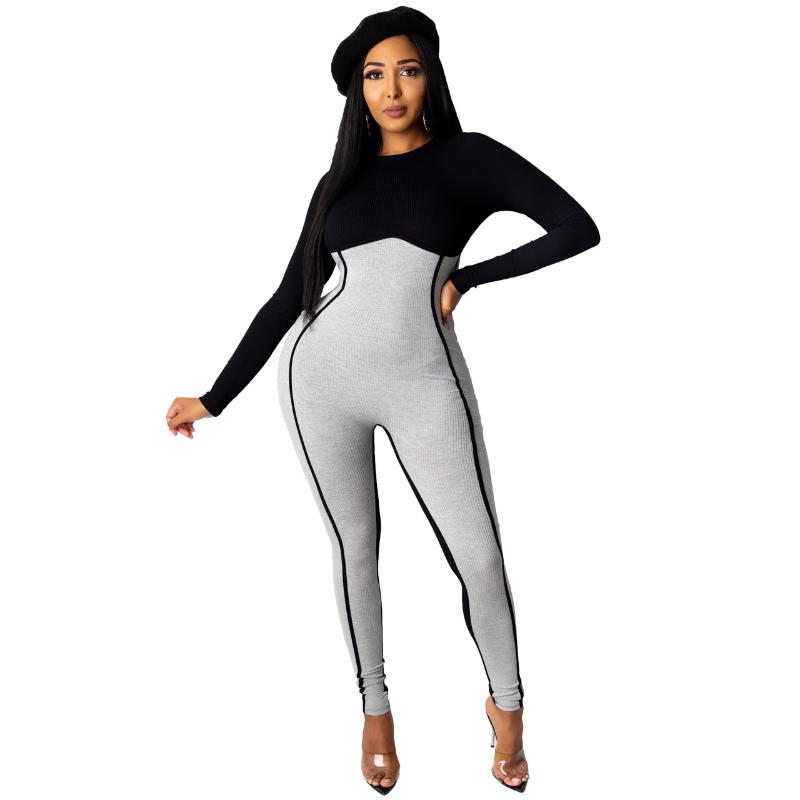 

Women' Jumpsuits & Rompers Knitted Patchwork Long Jumpsuit Sexy Bodycon Women Skinny Overalls Sleeve O Neck Fall Winter Spring Clothes 2022, Black and gray