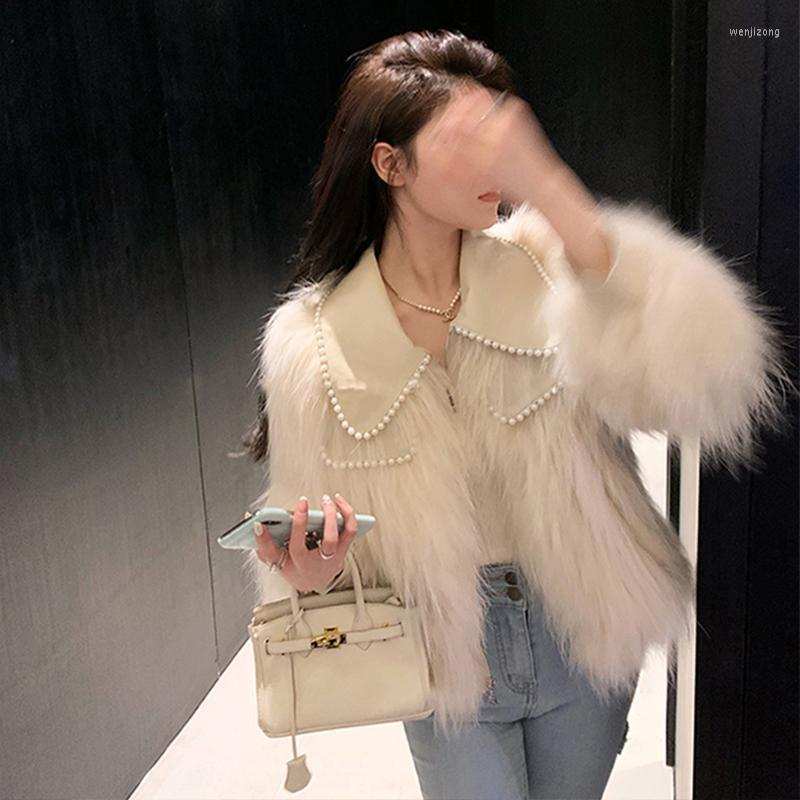 

Women' Fur & Faux French Pearl Doll Collar Coat Women Winter Thick One-piece Beaded Tide, Creamy-white