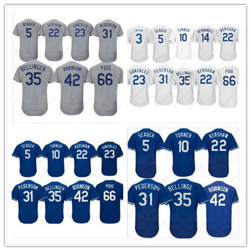 

22 Clayton Kershaw Jersey 35 Cody Bellinger Los Angeles Baseball Jerseys 10 Justin Turner 5 Seager 42 Robinson 66 Puig Jersey, White flexbase