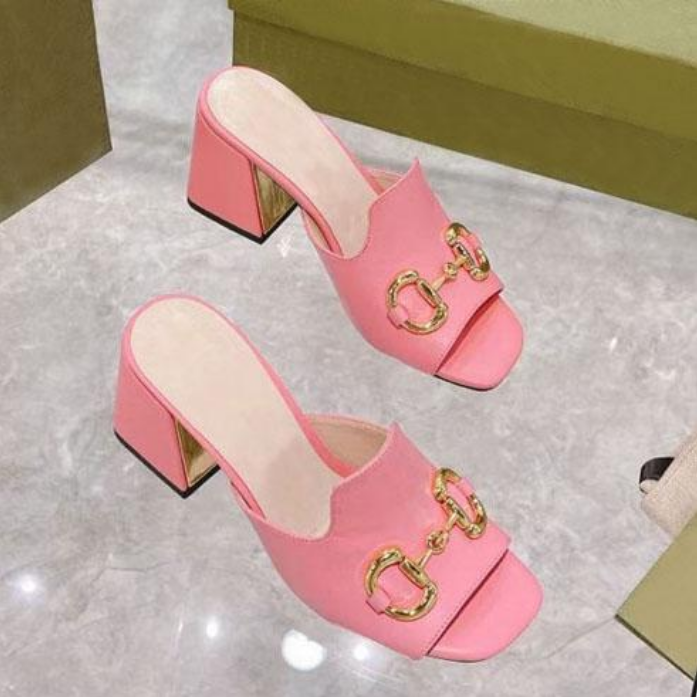 

Top Designer Sandals Women High Heels Horsebit Gold-Toned Slides Fashion Square Toe Slippers Multicolor Slippers Summer Beach Outdoor Sandal, Pink