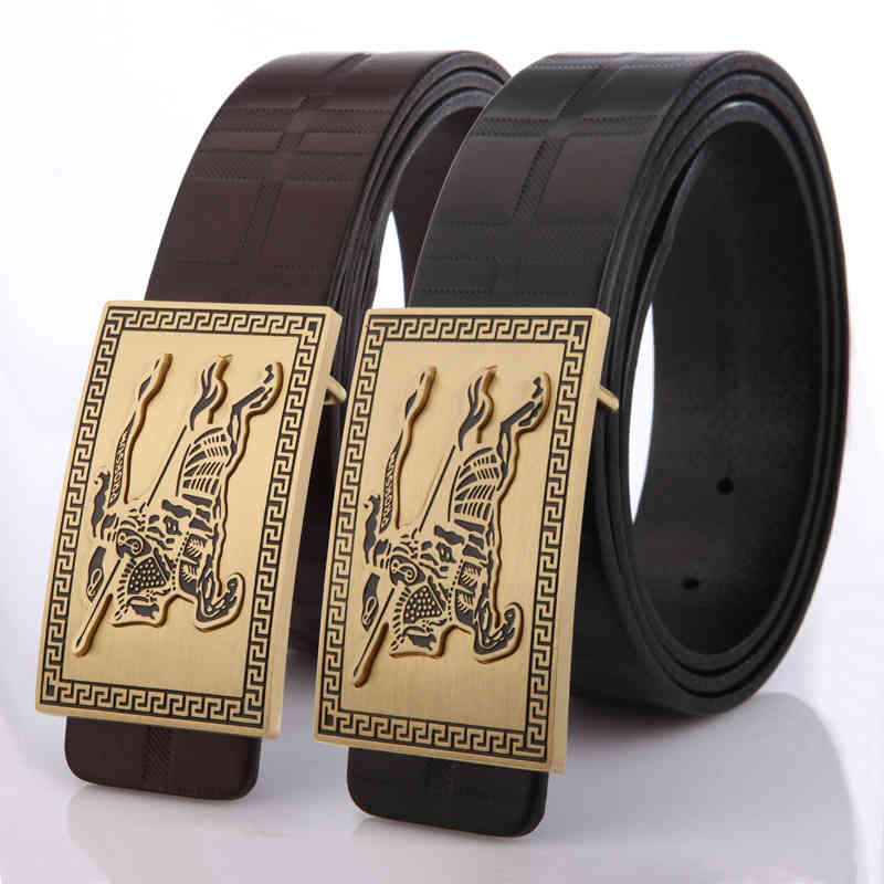 

J6EH Men's leather belt B home classic Plaid cowhide copper buckle business leisure gift box, Black