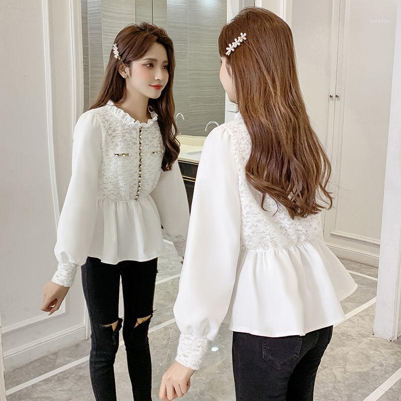 

Women' Blouses & Shirts Women Blouse Round Neck Stitching Lace Bead St-up Collar Long Sleeve Shirt Blusas Ropa De Mujer, Black