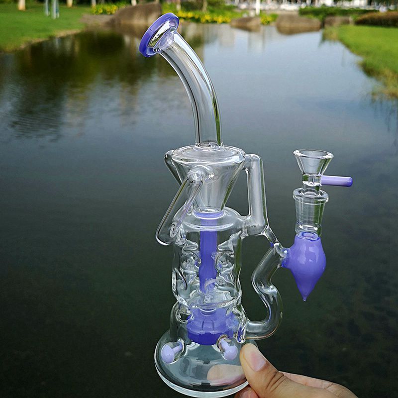 

Unique Glass Bongs 10 Inch Hookahs Turbine Perc Oil Dab Rigs Double Recycler Water Pipes 14mm Female Joint