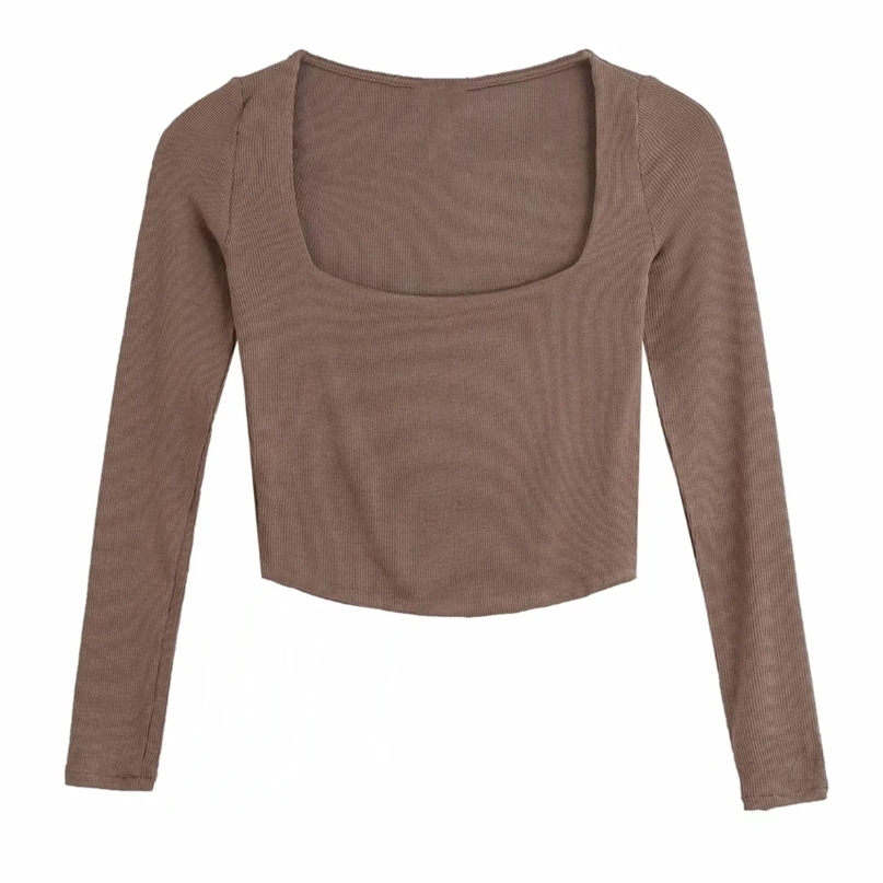 

Autumn Women Square Collar Knitting Short T Shirt Casual Femme O Neck Long Sleeve Crop Tops T1380 220402, As pic