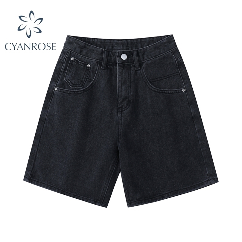 

Summer High Waist Denim Shorts Women Casual Loose Ladies Fashion Plus Size Button Wide Leg Short Jeans Female 220402, Black