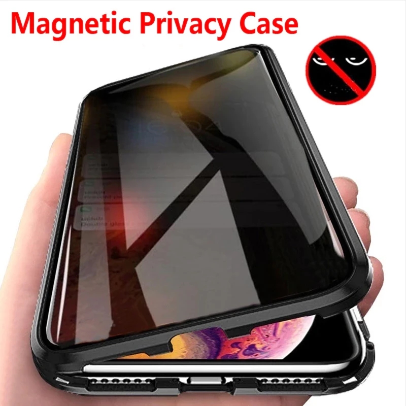 

Privacy Protection Magnetic Metal Cases For iPhone 11 12 13 14 Pro Max Mini XS XR X SE2 8 7 6S 6 Plus 360 Double-sided Tempered Glass Anti-peeping Phone Case Cover, Gold