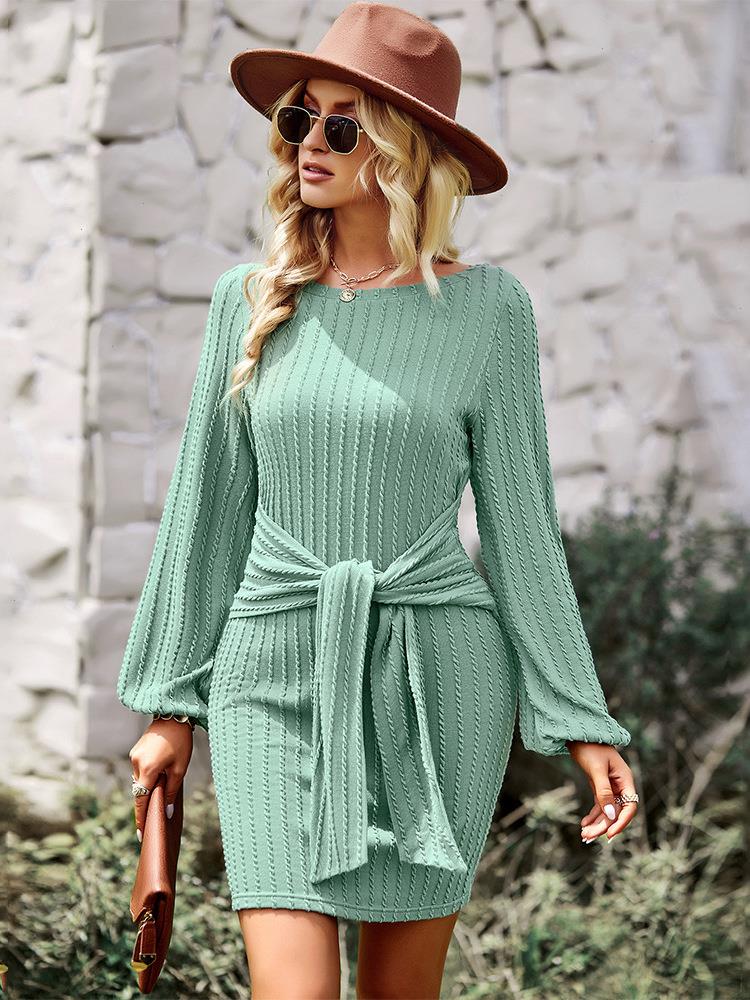 

Liti Wrap Hip Winter Dress Women Knitted Sweater Round Neck Elegant, Brown
