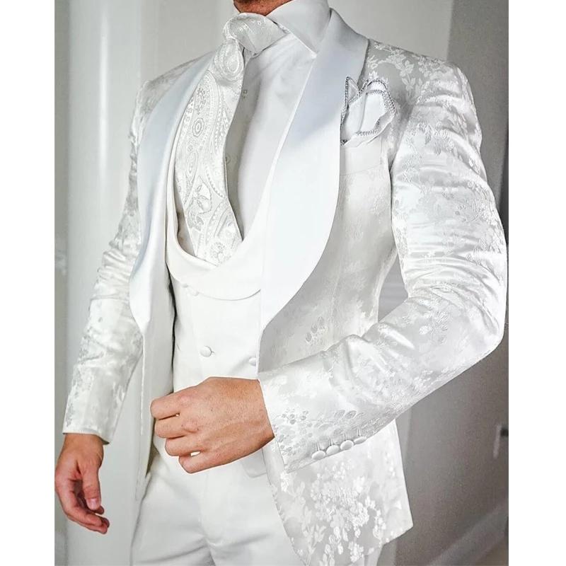 

Men's Suits & Blazers White Floral Wedding Tuxedo For Groom 3 Piece Slim Fit Men With Satin Shawl Lapel Custom Male Fashion Costume Jacket V, Silver
