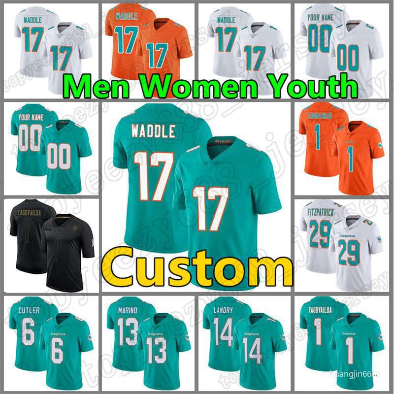 

Custom 17 Jaylen Waddle Miami Mens Dolphins Jerseys 1 Tua Tagovailoa Football 13 Dan Marino Women Larry Csonka Youth DeVante Parker Xavien H, Custom women (haitun)