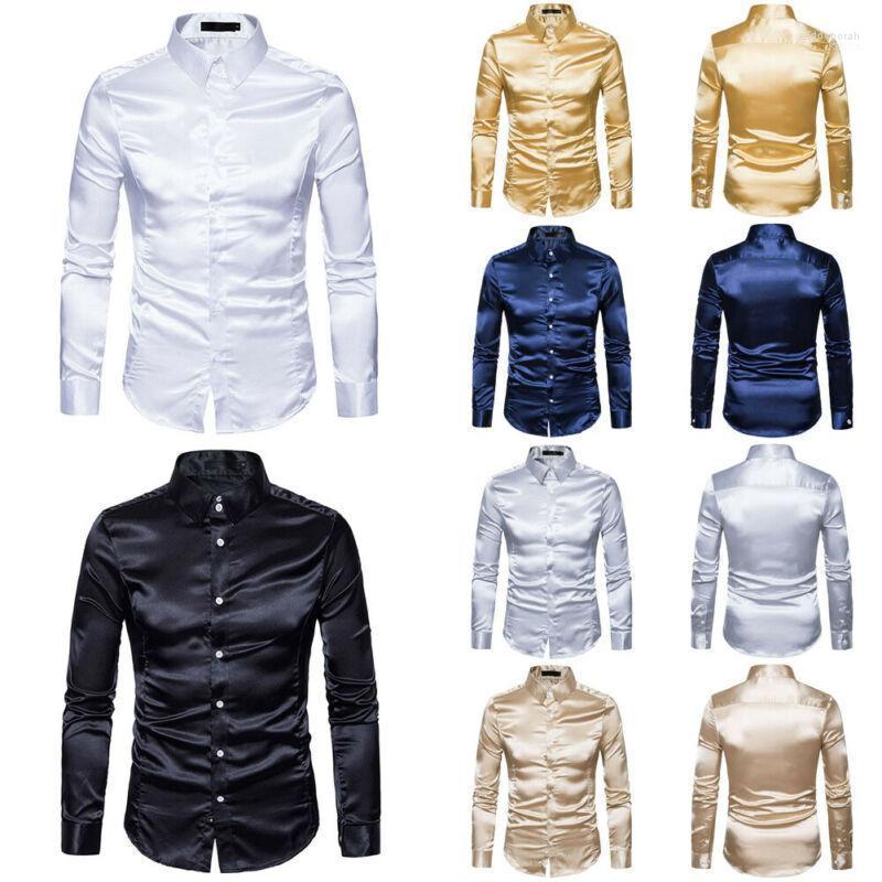 

Autumn Fashion Men' Silk Satin Long Sleeve Shirt Ruffled Vintage Button Wedding Tuxedo Dress Solid Shirts Eldd22, White