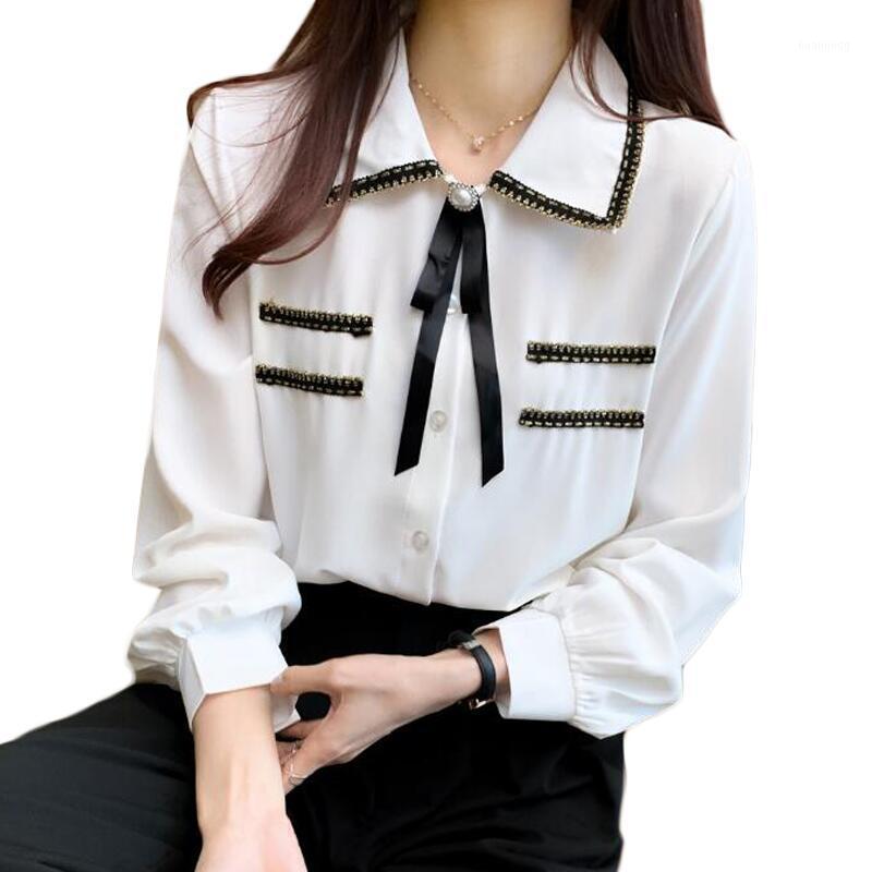 

Fashion Chiffon Blouse Women Shirts Long Sleeve Turn-down Collar Bow White Blouses Plus Size Tops Chemisier Femme Women, Photo color
