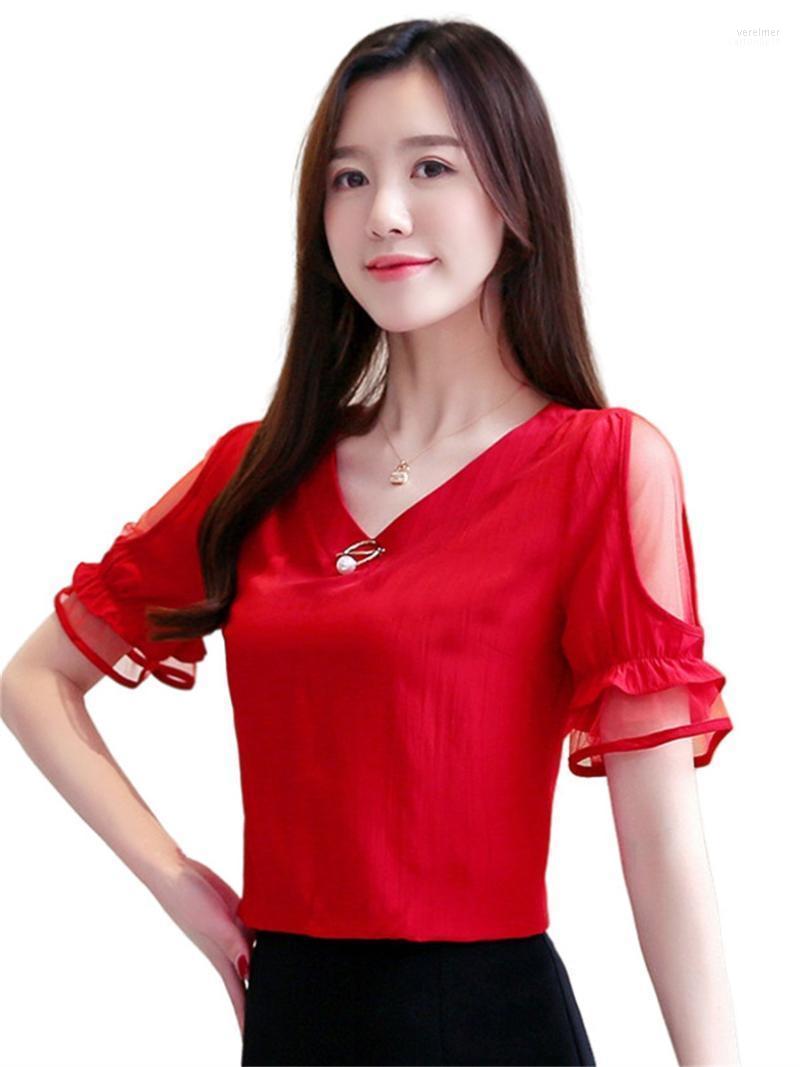 

Women's Blouses & Shirts 4XL Women Spring Autumn Lady Fashion Casual Short Sleeve V-Neck Collar Lace Blusas Tops CT0279 Vere22, Blue